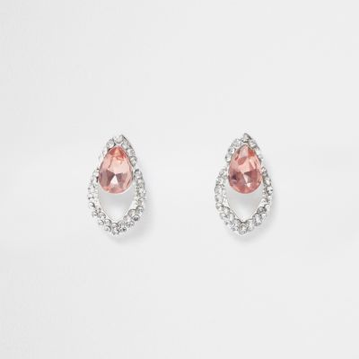Silver tone diamant&#233; pink gem drop earrings